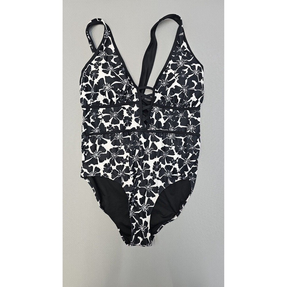 Flatter Me Women's Floral One-Piece Swimsuit Black and White Padded Criss Cross